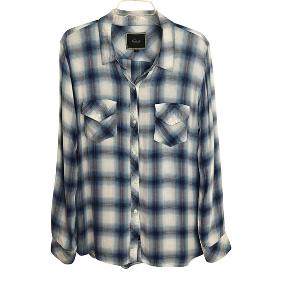 Rails Flannel Shadow Plaid Button Front Shirt Size Large Blue White Rayon - Picture 2 of 9